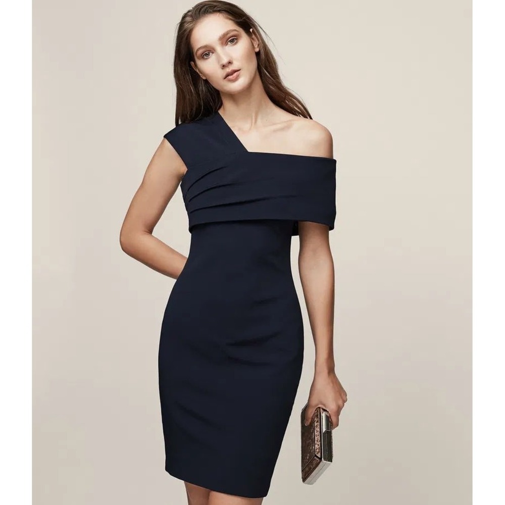 Reiss Cristiana One Shoulder Dress Navy Blue Sheath Cocktail Size 8 NEW